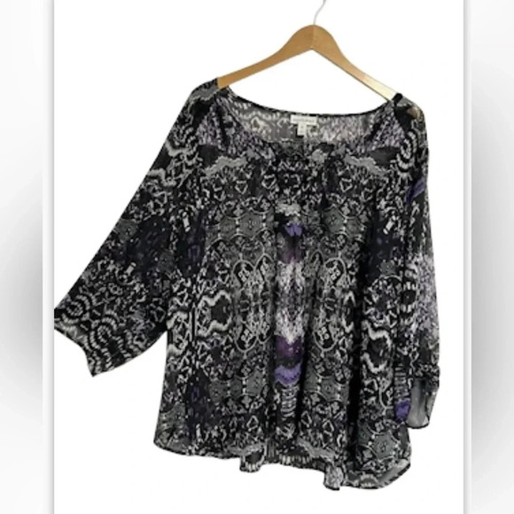 Women’s 3X SHEER Blouse Gray Purple Pleat Ruffle Long Sleeve Whimsigoth - Picture 5 of 15
